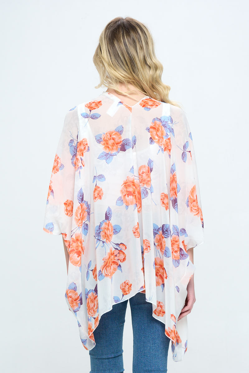 White / Coral Lightweight Floral Cover Up