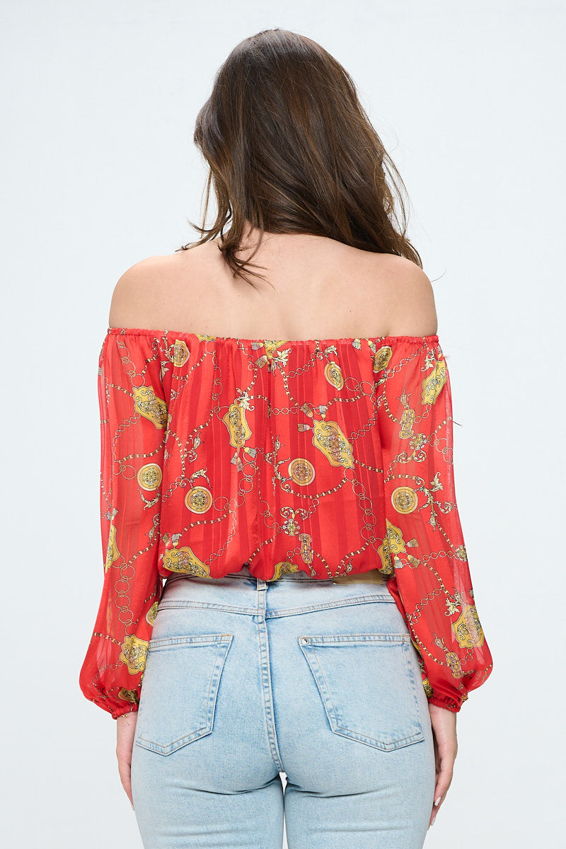 Red Off Shoulder Print Top