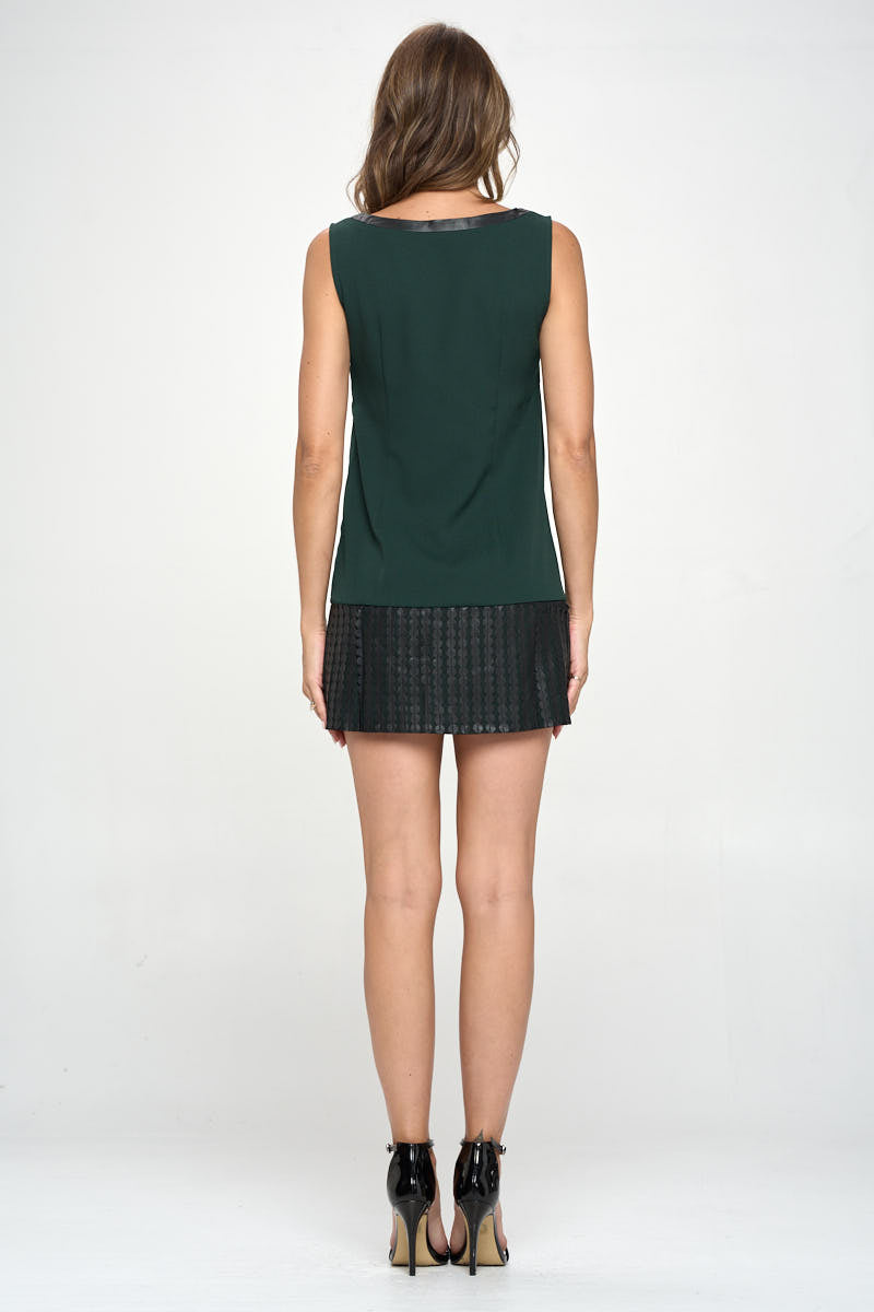 Sleeveless Shift Dress with Faux Leather Trim