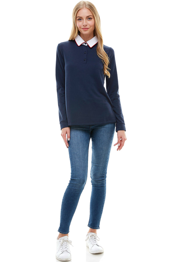 Women's Long Sleeve Polo Shirt with Contrast Collar