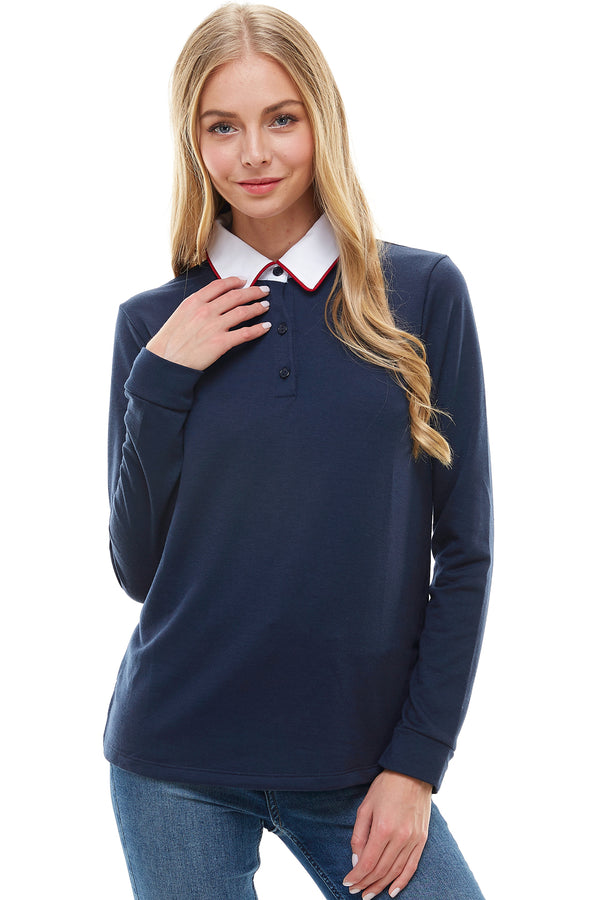 Women's Long Sleeve Polo Shirt with Contrast Collar