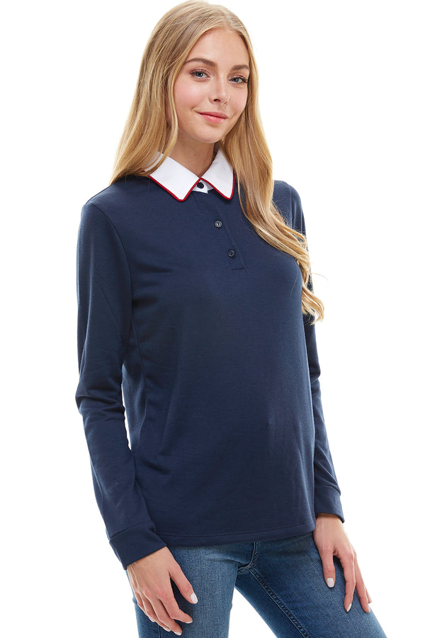 Women's Long Sleeve Polo Shirt with Contrast Collar