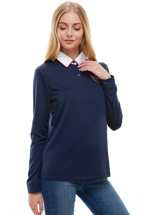 Women's Long Sleeve Polo Shirt with Contrast Collar