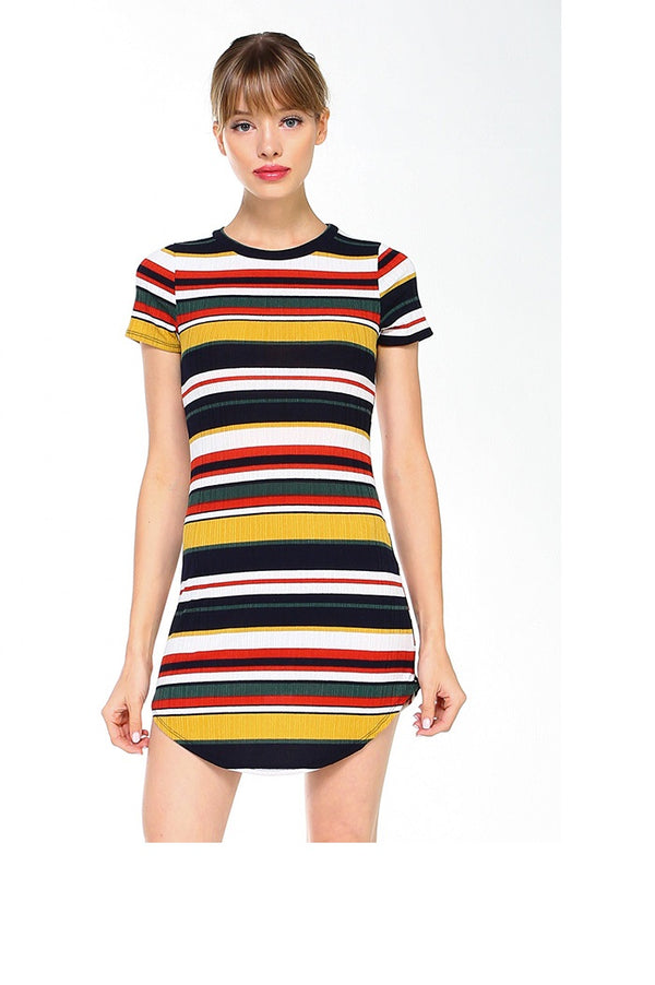 Short Sleeve Ribbed Striped Mini Dress