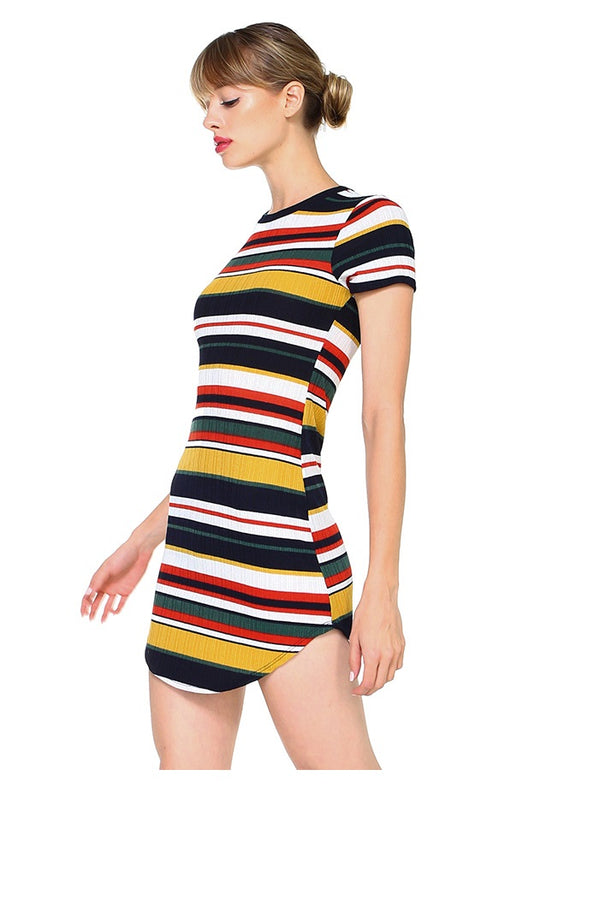 Short Sleeve Ribbed Striped Mini Dress