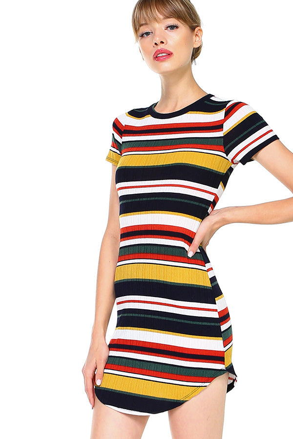 Short Sleeve Ribbed Striped Mini Dress