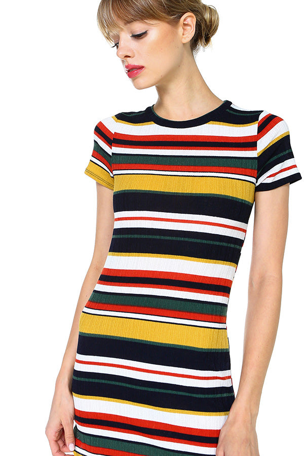 Short Sleeve Ribbed Striped Mini Dress