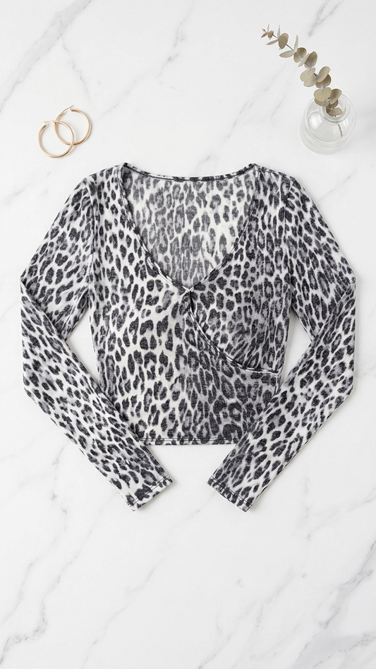 Gray Animal Print Wrap Top
