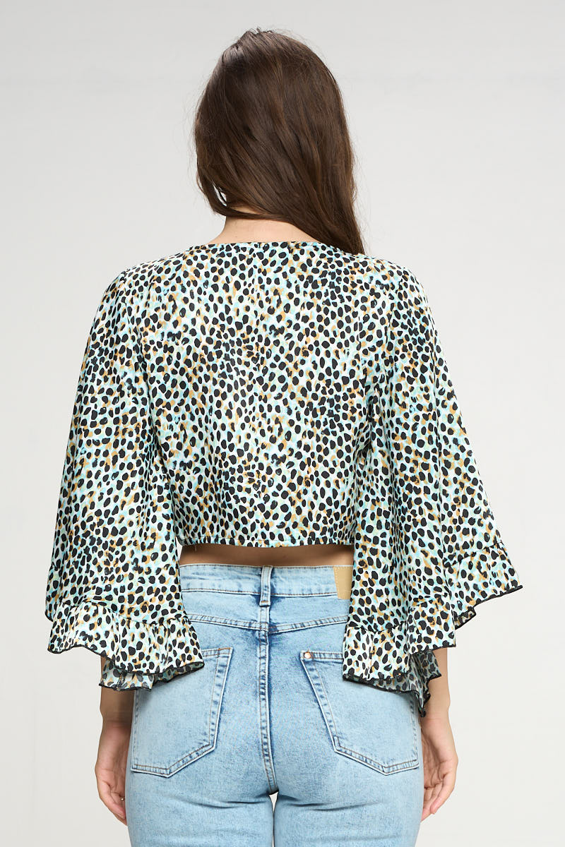Blue Printed Tie Front Blouse