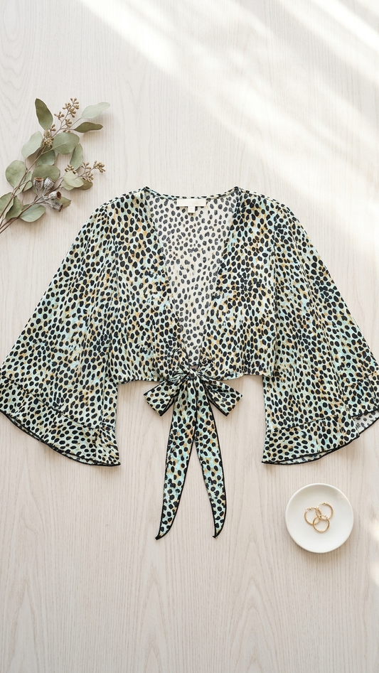 Blue Printed Tie Front Blouse