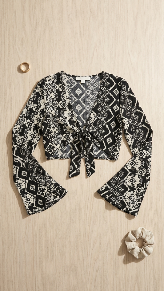 Black Lace Tie Front Blouse