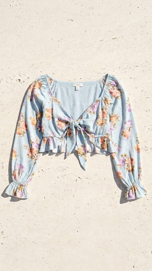 Blue Tie Front Floral Blouse