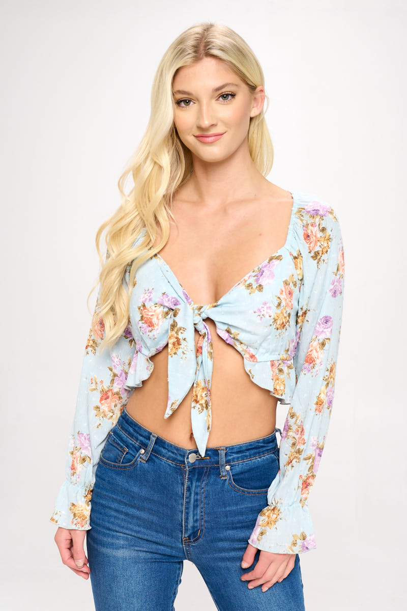 Blue Tie Front Floral Blouse