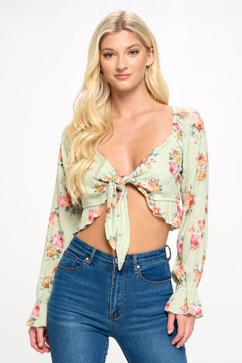 Sage Tie Front Floral Blouse