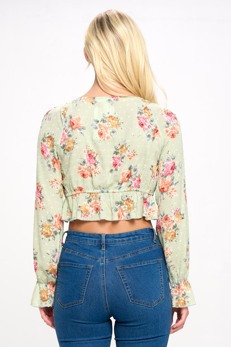 Sage Tie Front Floral Blouse