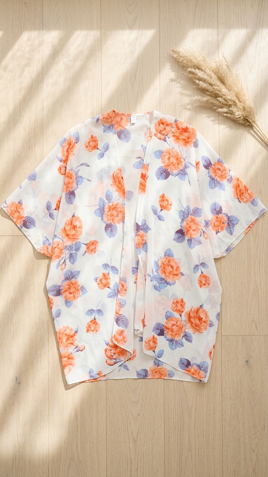 White / Coral Lightweight Floral Cover Up