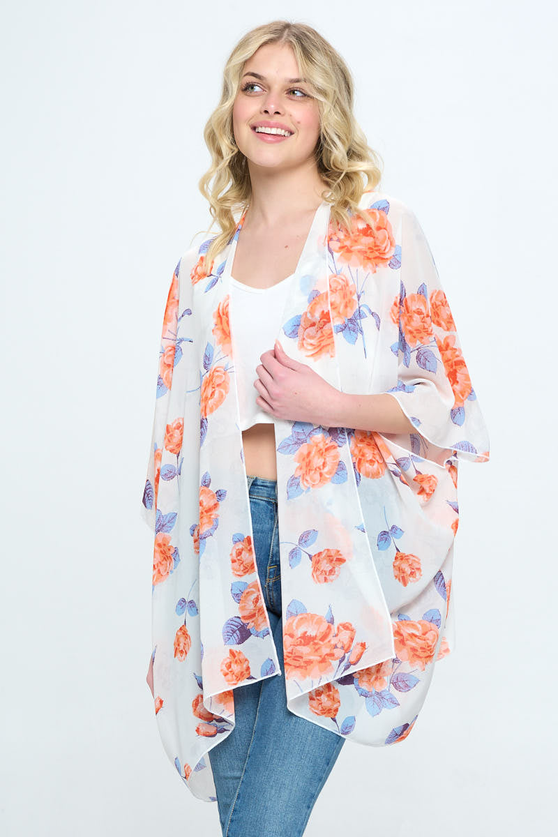 White / Coral Lightweight Floral Cover Up