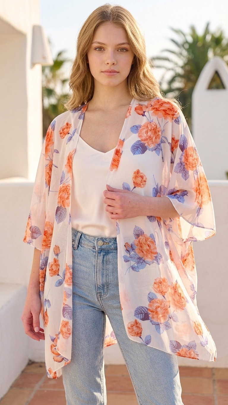 White / Coral Lightweight Floral Cover Up