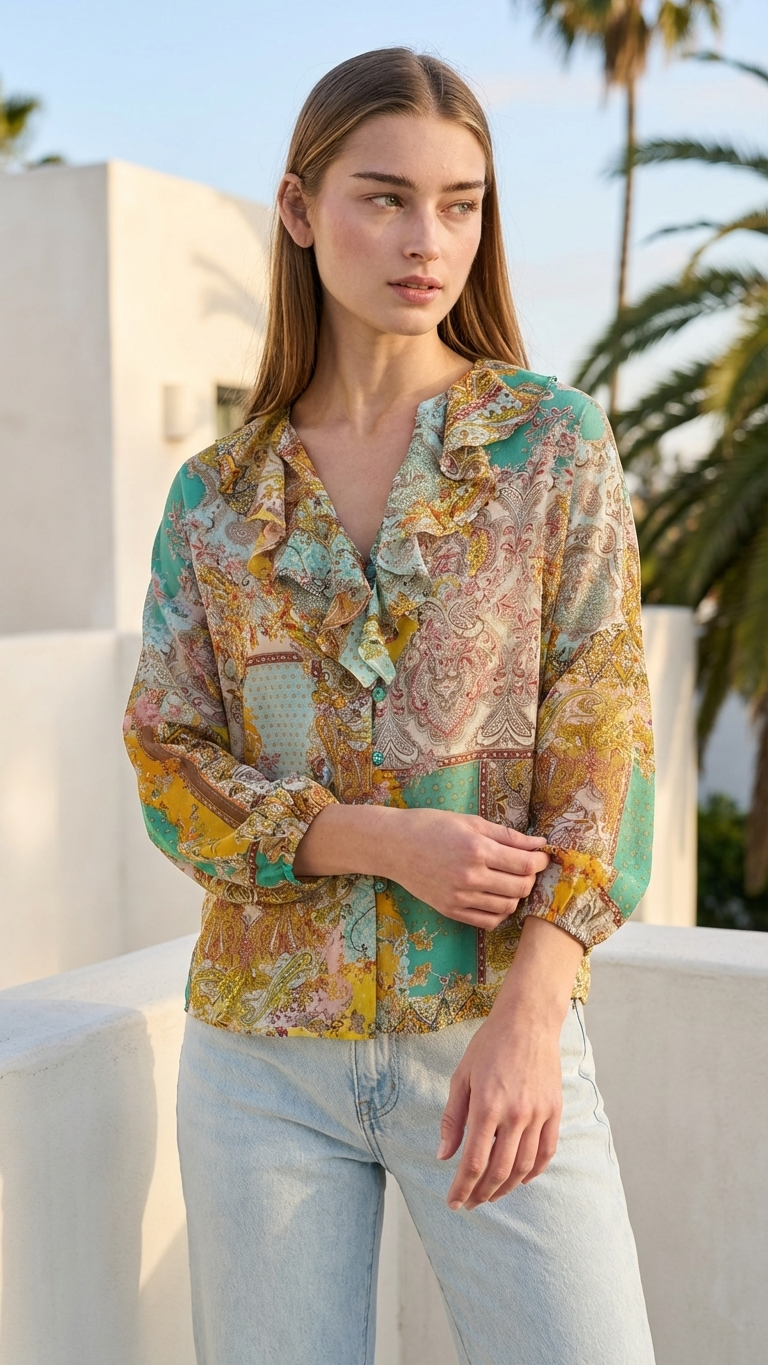 Orange / Green Tropical Print Blouse