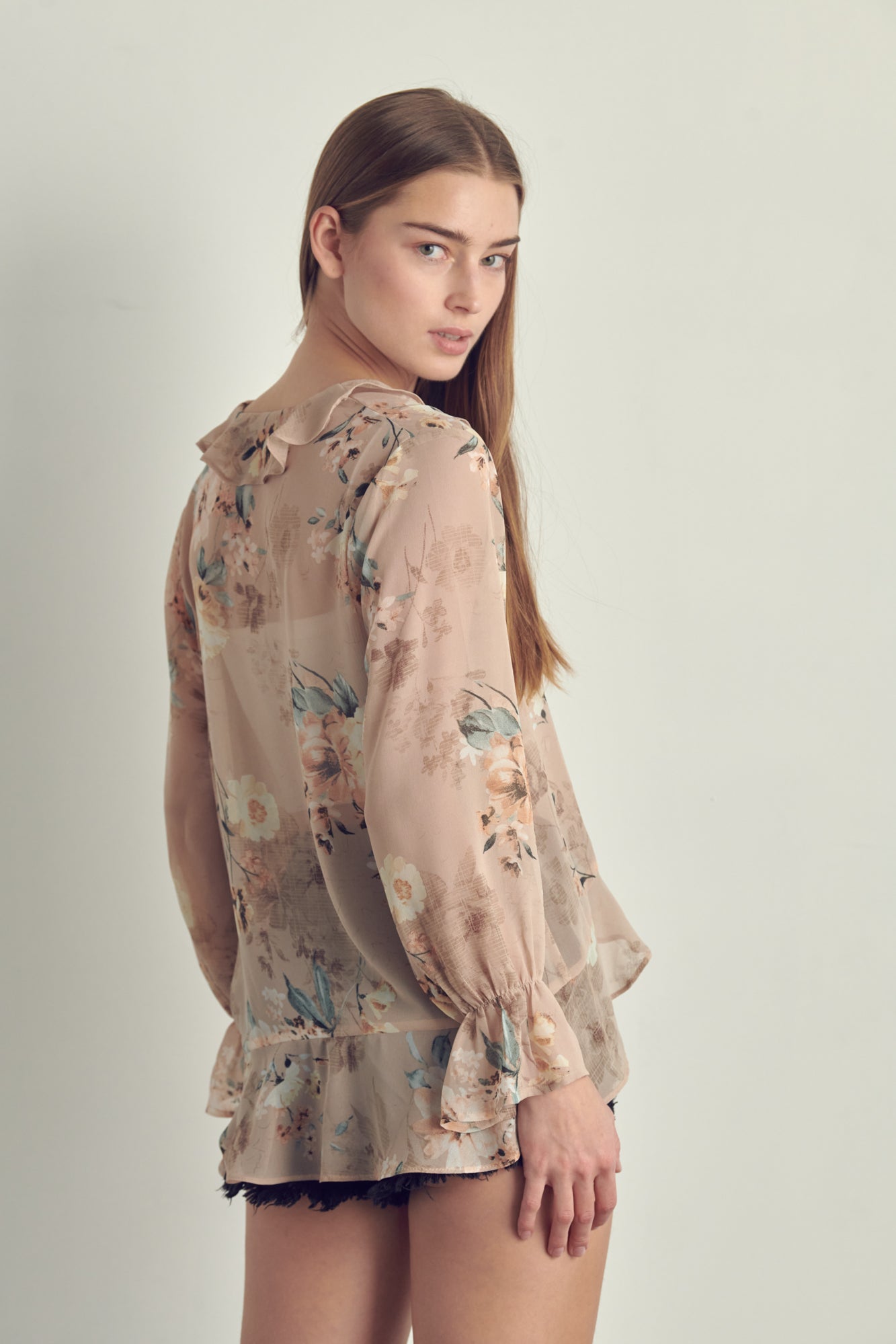 Taupe Sheer Tie Front Blouse