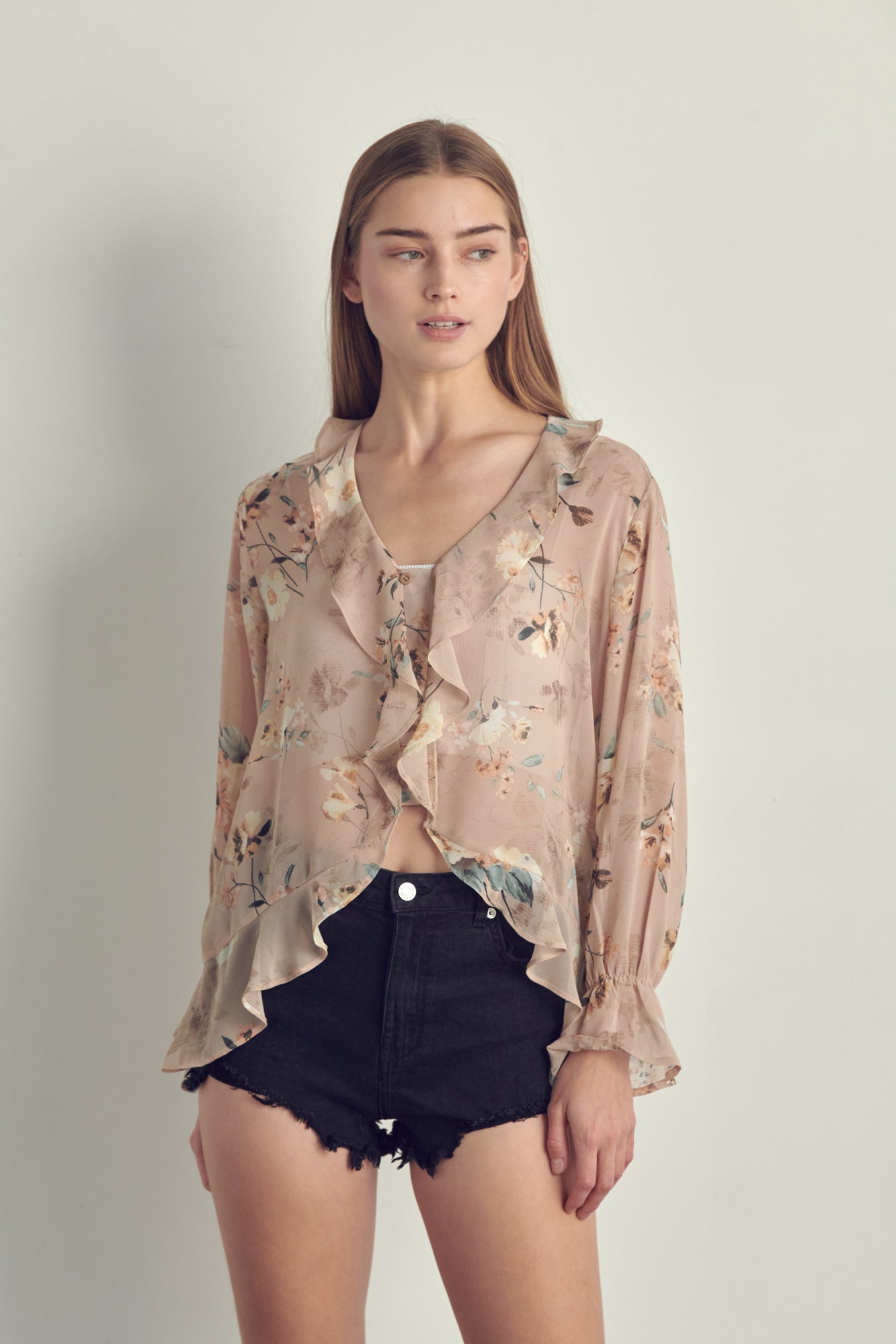 Taupe Sheer Tie Front Blouse