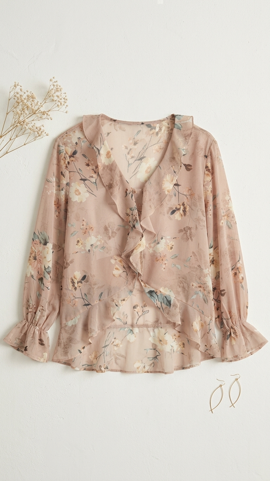 Taupe Sheer Tie Front Blouse