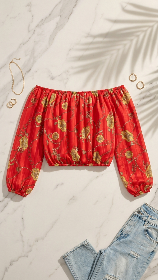Red Off Shoulder Print Top