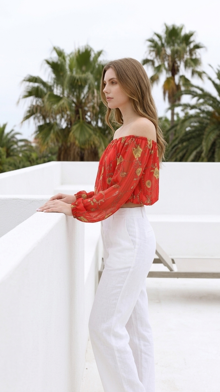 Red Off Shoulder Print Top