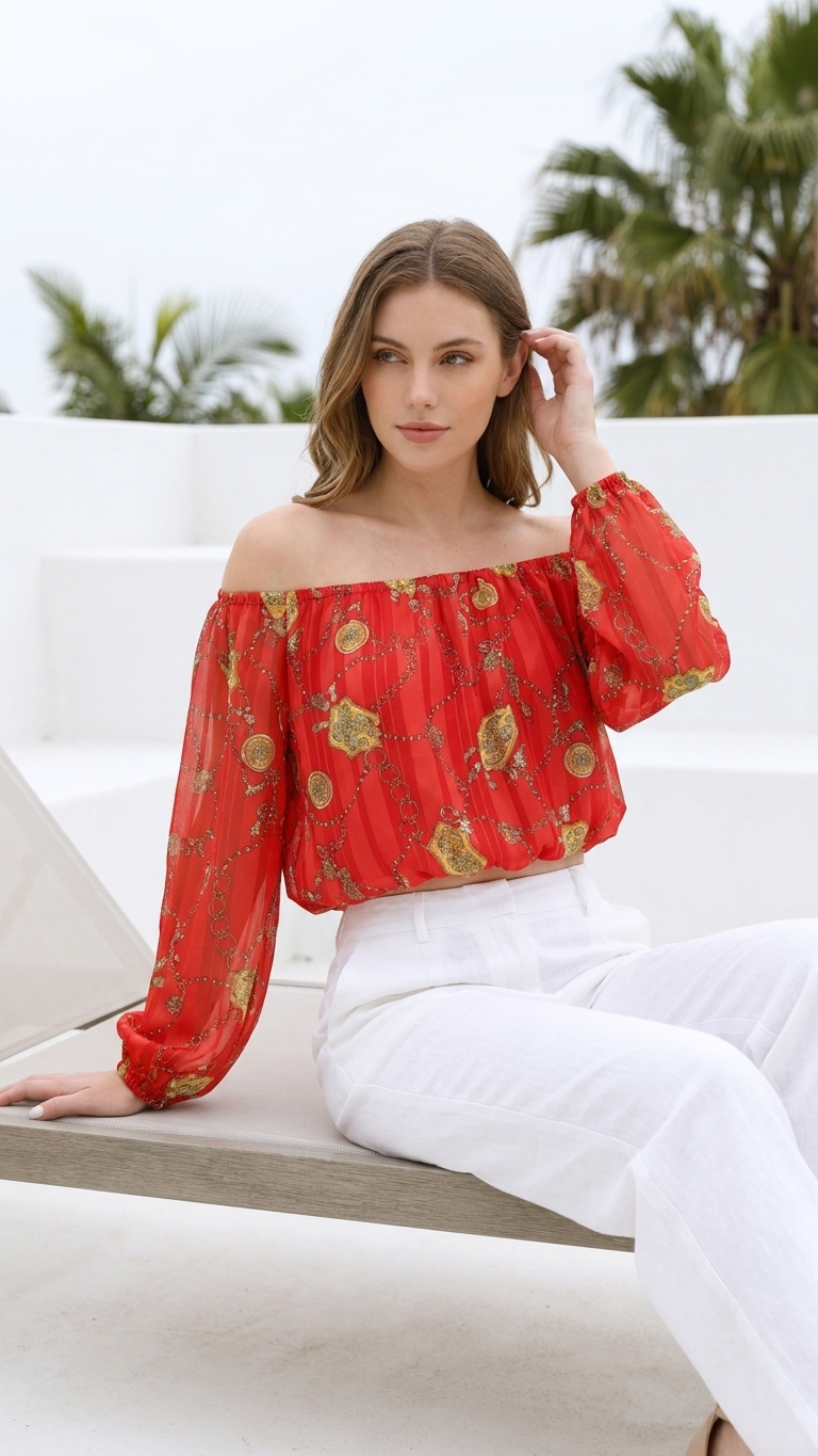 Red Off Shoulder Print Top