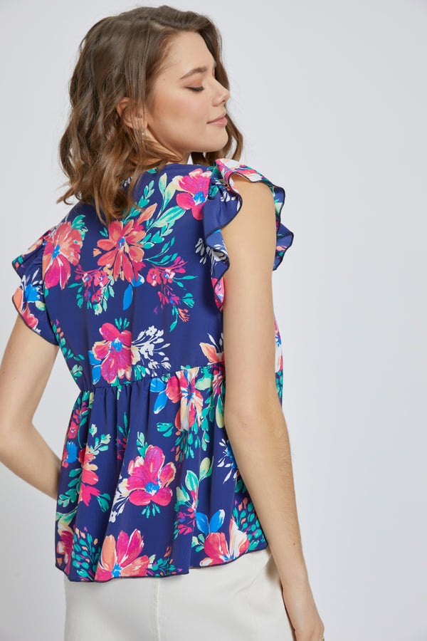 Floral Ruffle Sleeve V-Neck Top – Bright and Breezy Summer Style