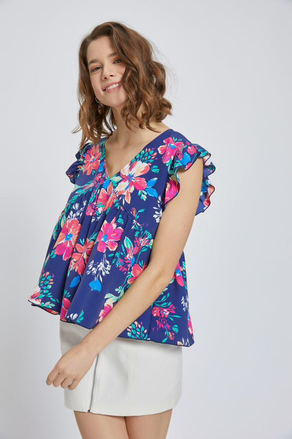 Floral Ruffle Sleeve V-Neck Top – Bright and Breezy Summer Style