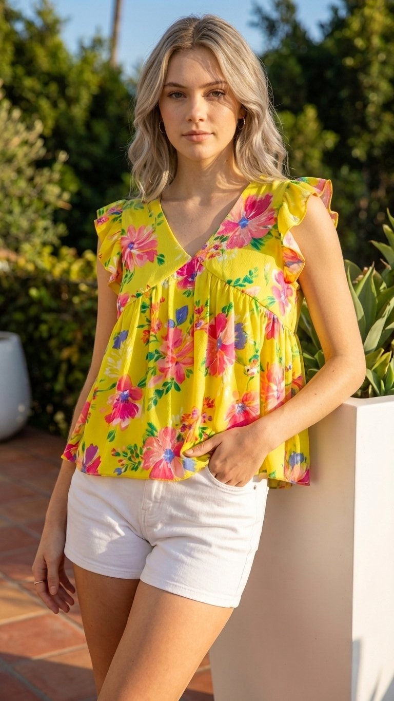 Yellow Printed Sleeveless Top