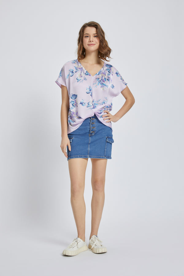 Floral V-Neck Knot-Front Blouse