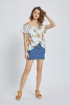 Floral V-Neck Knot-Front Blouse