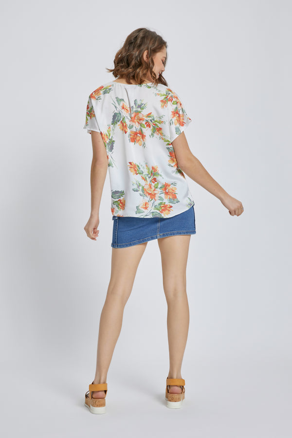 Floral V-Neck Knot-Front Blouse