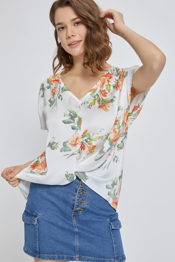 Floral V-Neck Knot-Front Blouse