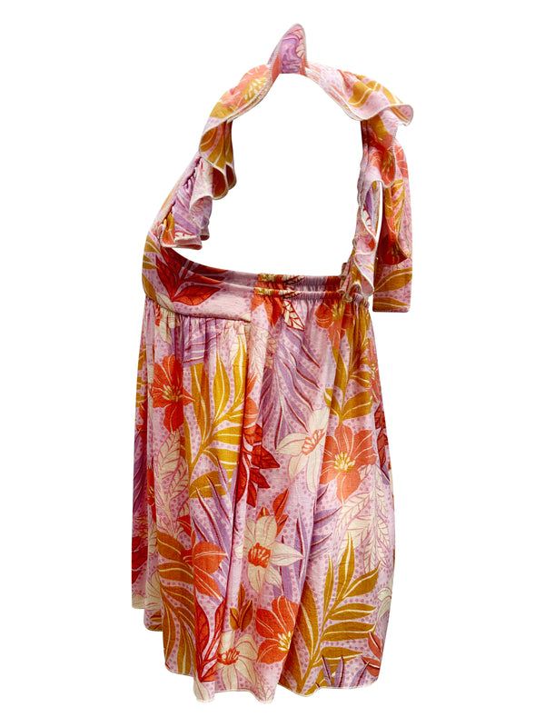 Tropical Floral Halter Top with Ruffled Sleeves – Boho Summer Blouse