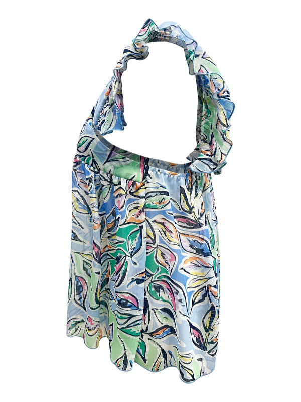 Retro Geo-Print Halter Top with Ruffle Sleeves – Bold Summer Fashion