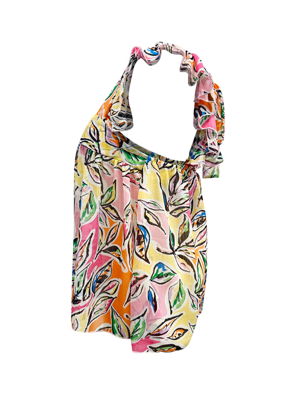 Retro Geo-Print Halter Top with Ruffle Sleeves – Bold Summer Fashion