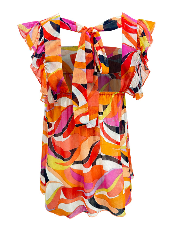 Retro Geo-Print Halter Top with Ruffle Sleeves – Bold Summer Fashion