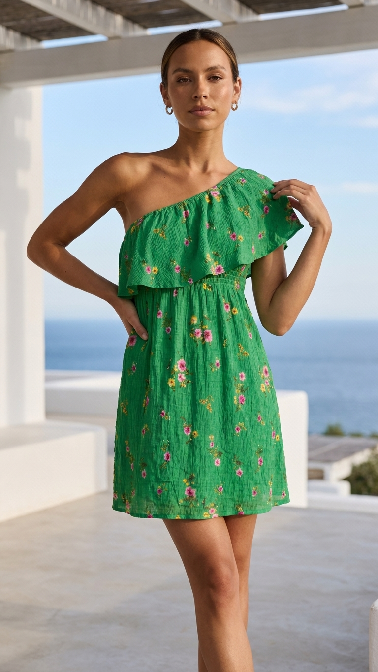 Kelly Green One Shoulder Floral Dress
