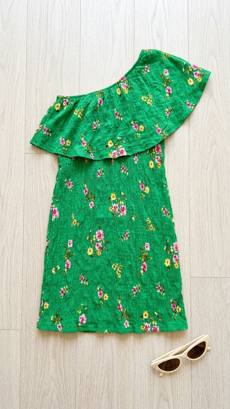 Kelly Green One Shoulder Floral Dress