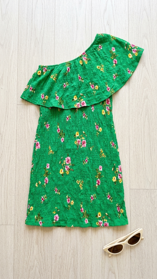 Kelly Green One Shoulder Floral Dress
