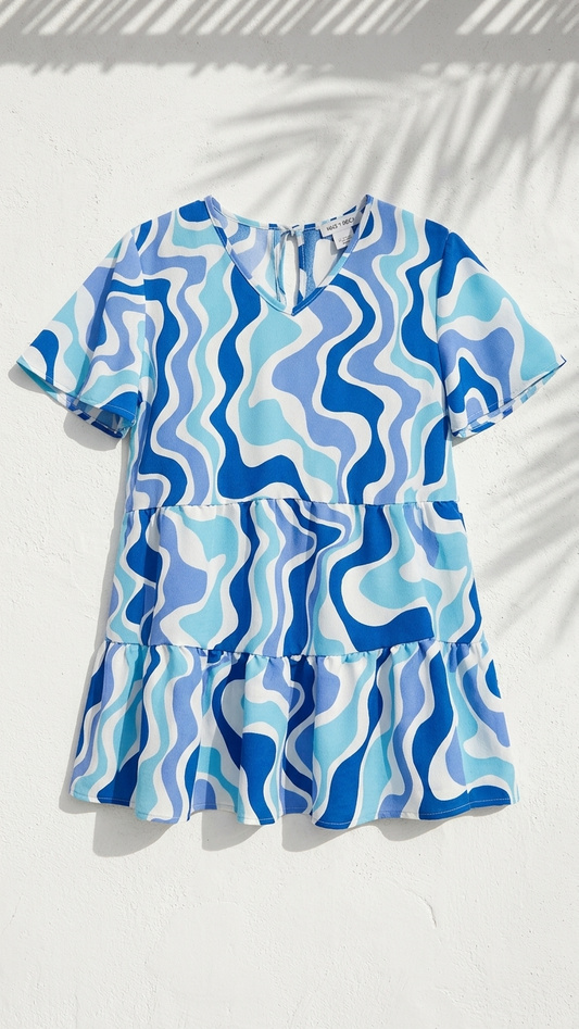Blue Wave Print Tunic Dress