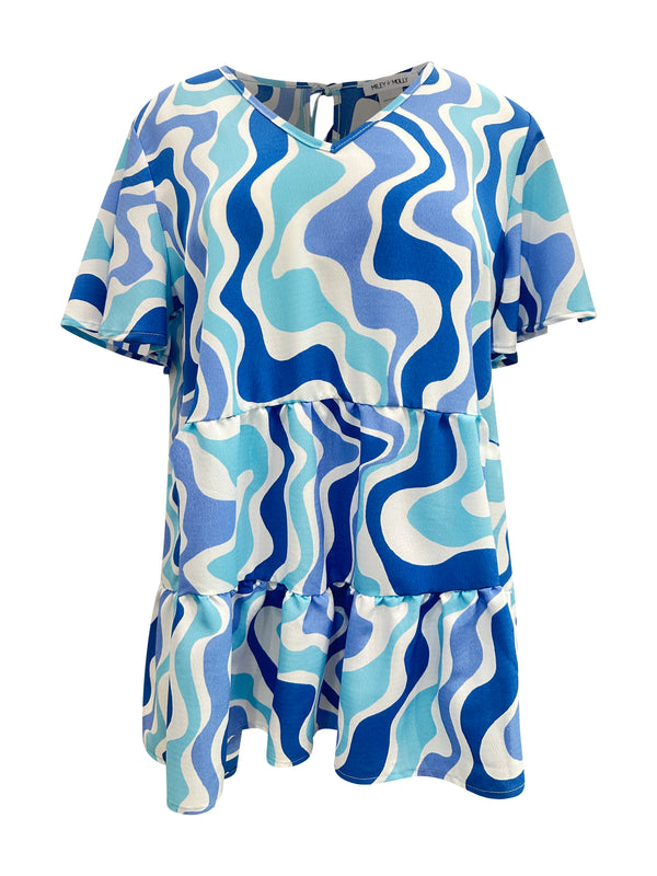 Vibrant Blue Abstract Tiered Short Sleeve dress - Flowy and Stylish | MILEY + MOLLY Vibrant Blue Abstract Tiered Short Sleeve dress - Flowy and Stylish | MILEY + MOLLY
