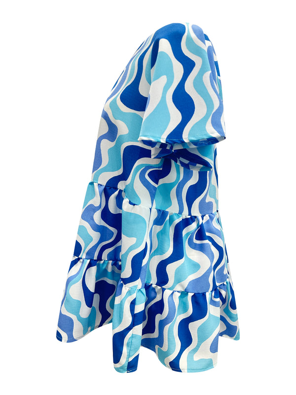 Vibrant Blue Abstract Tiered Short Sleeve dress - Flowy and Stylish