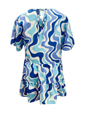 Vibrant Blue Abstract Tiered Short Sleeve dress - Flowy and Stylish