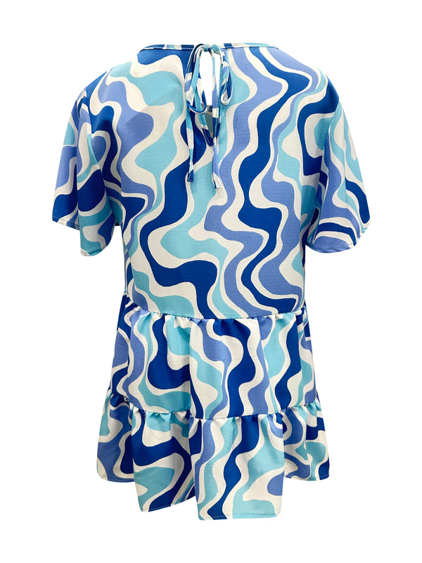 Vibrant Blue Abstract Tiered Short Sleeve dress - Flowy and Stylish