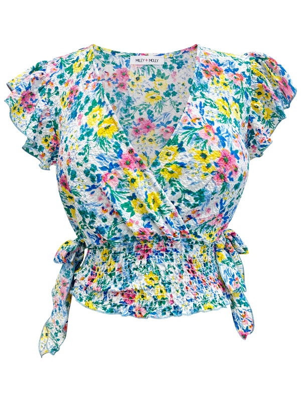 Floral Smocked Wrap Top with Ruffle Sleeves – Casual Boho Blouse