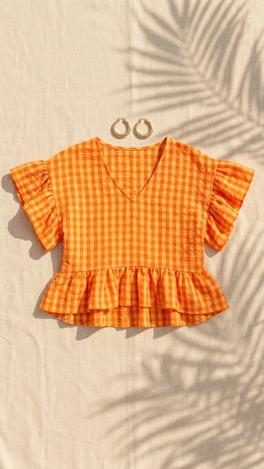 Orange Gingham Peplum Top